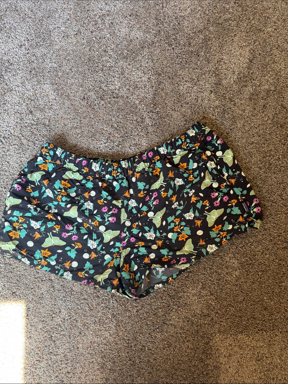 Patagonia Black Floral Baggies Shorts with Colorful Moths